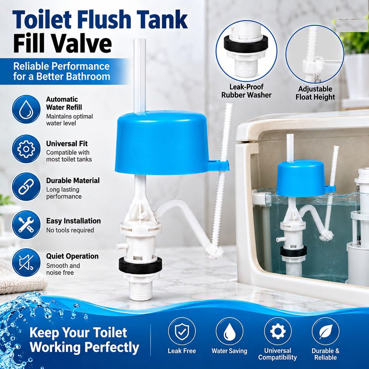 Toilet Flush Tank Fill Valve Adjustable | Bottom Ball Cockk (8 Inch) Size Flush Tank Ball Cock Repair Kit (one piece Toilets Commodes) Pack Of 1 (8 Inch) - Image 2